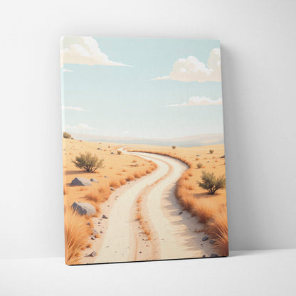 Minimalist canvas wall art of winding sand path in desert under pale serene sky