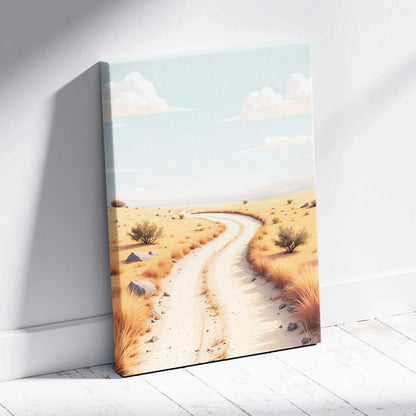 Minimalist canvas wall art of winding sand path in serene desert under pale sky
