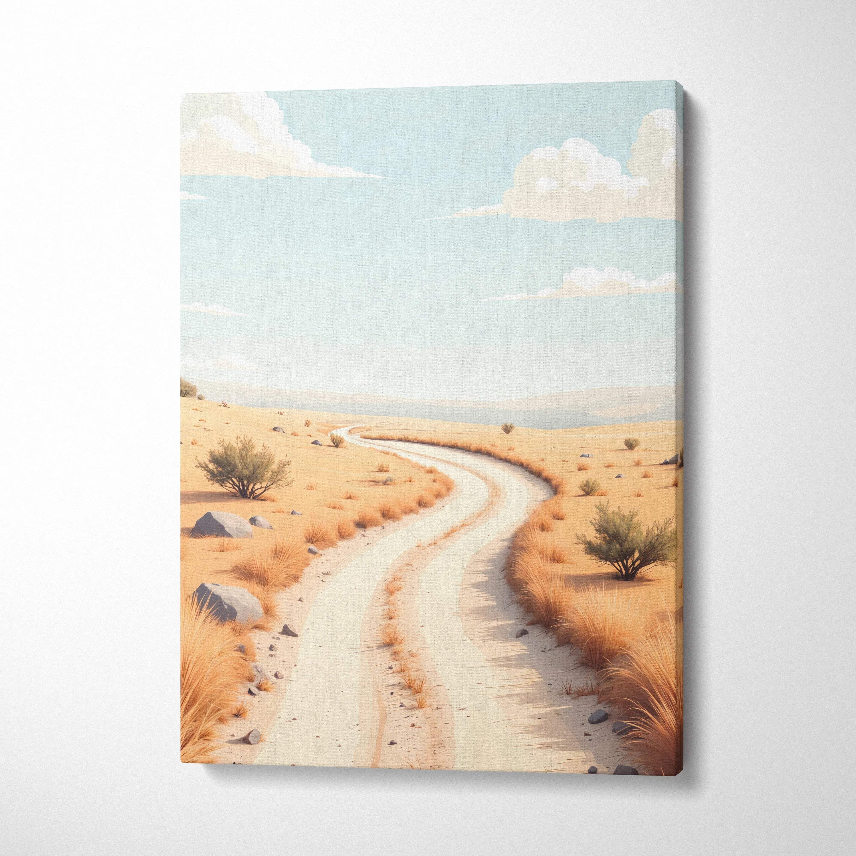 Minimalist canvas wall art of winding desert sand path under pale serene sky