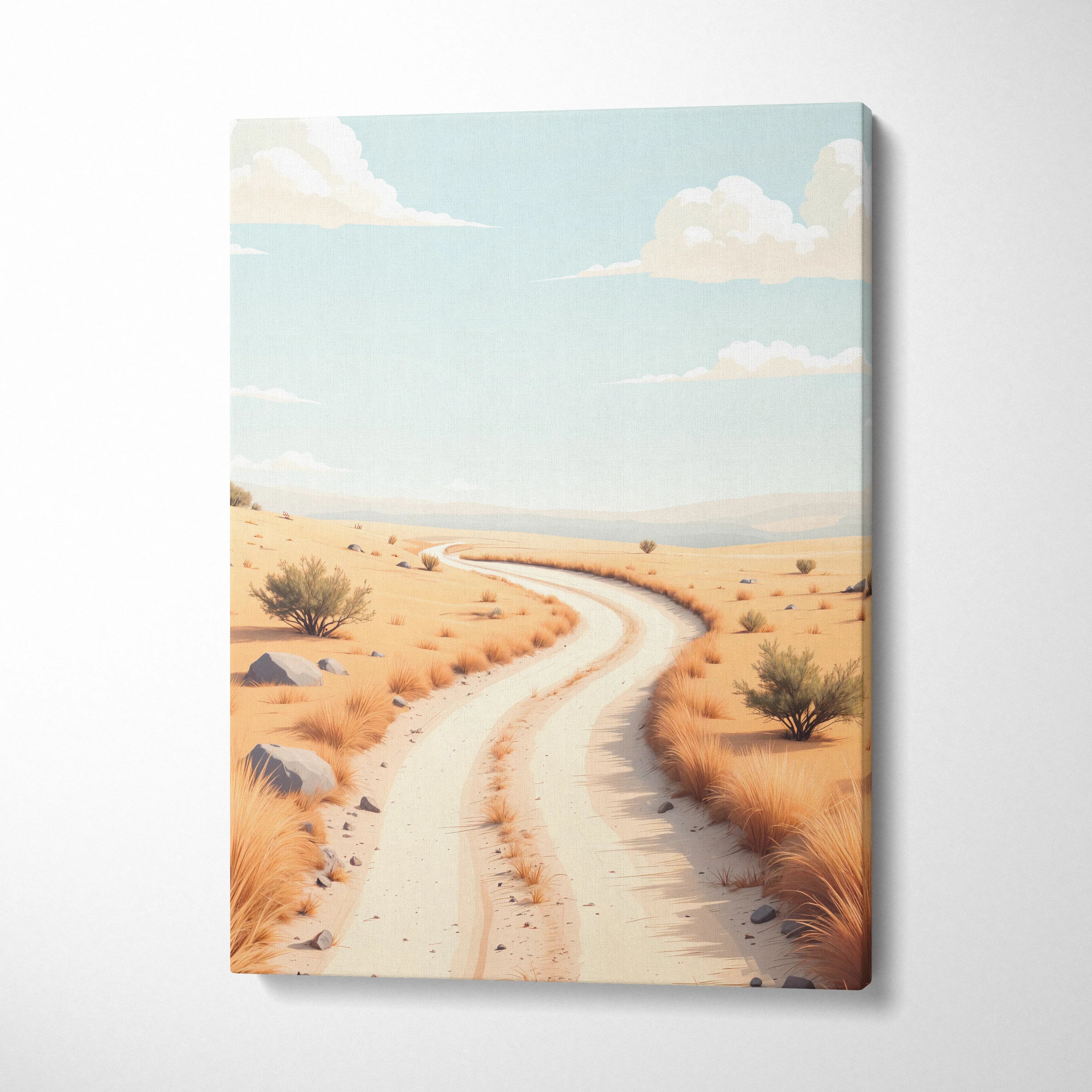 Minimalist canvas wall art of winding desert sand path under pale serene sky