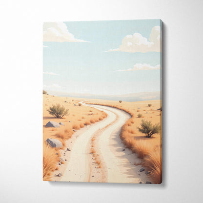Minimalist canvas wall art of winding desert sand path under pale serene sky