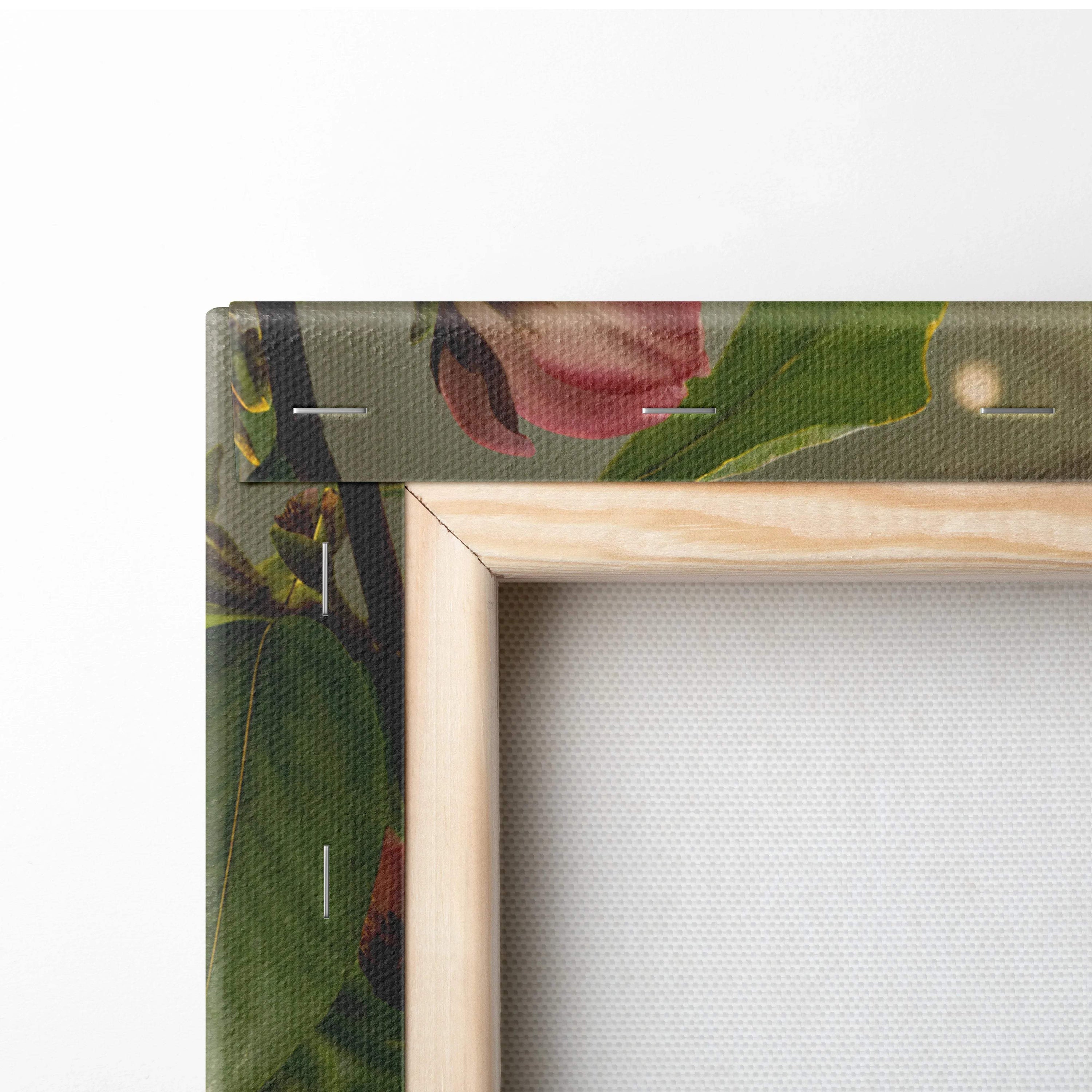 Canvas print of songbird among soft pink blossoms in golden morning light