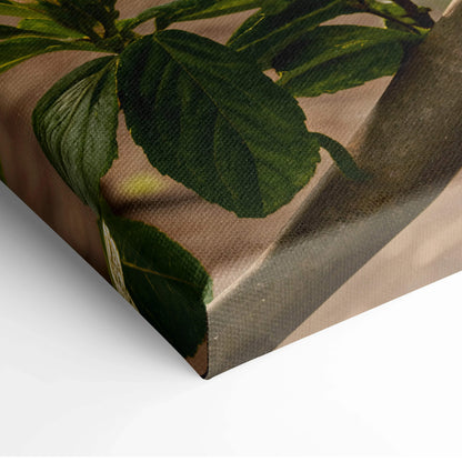 Canvas print of lush green leaves with songbird in pink blossoms