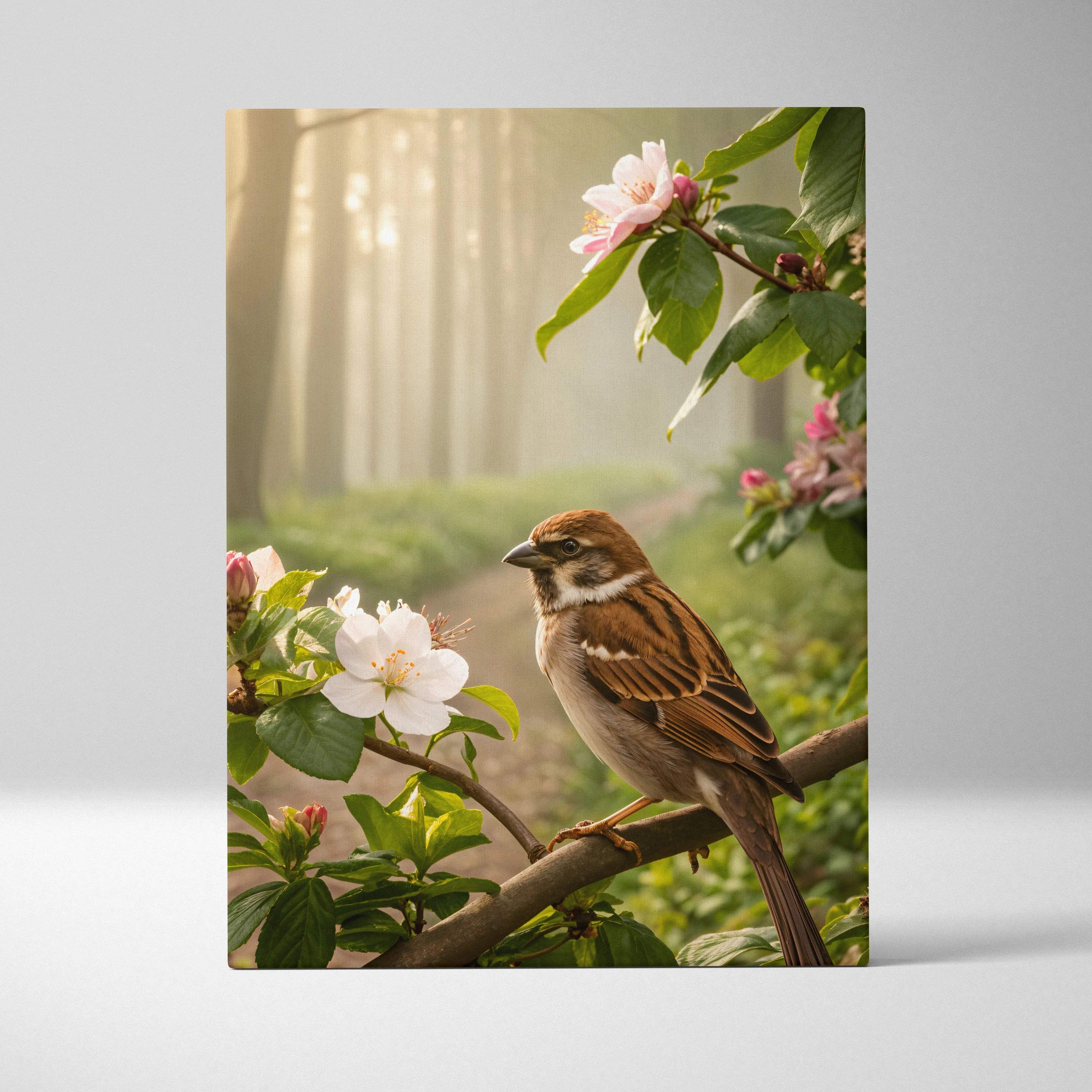 Canvas wall art of brown white sparrow on branch amid pink blossoms in golden morning light