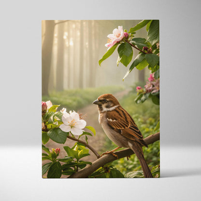 Canvas wall art of brown white sparrow on branch amid pink blossoms in golden morning light