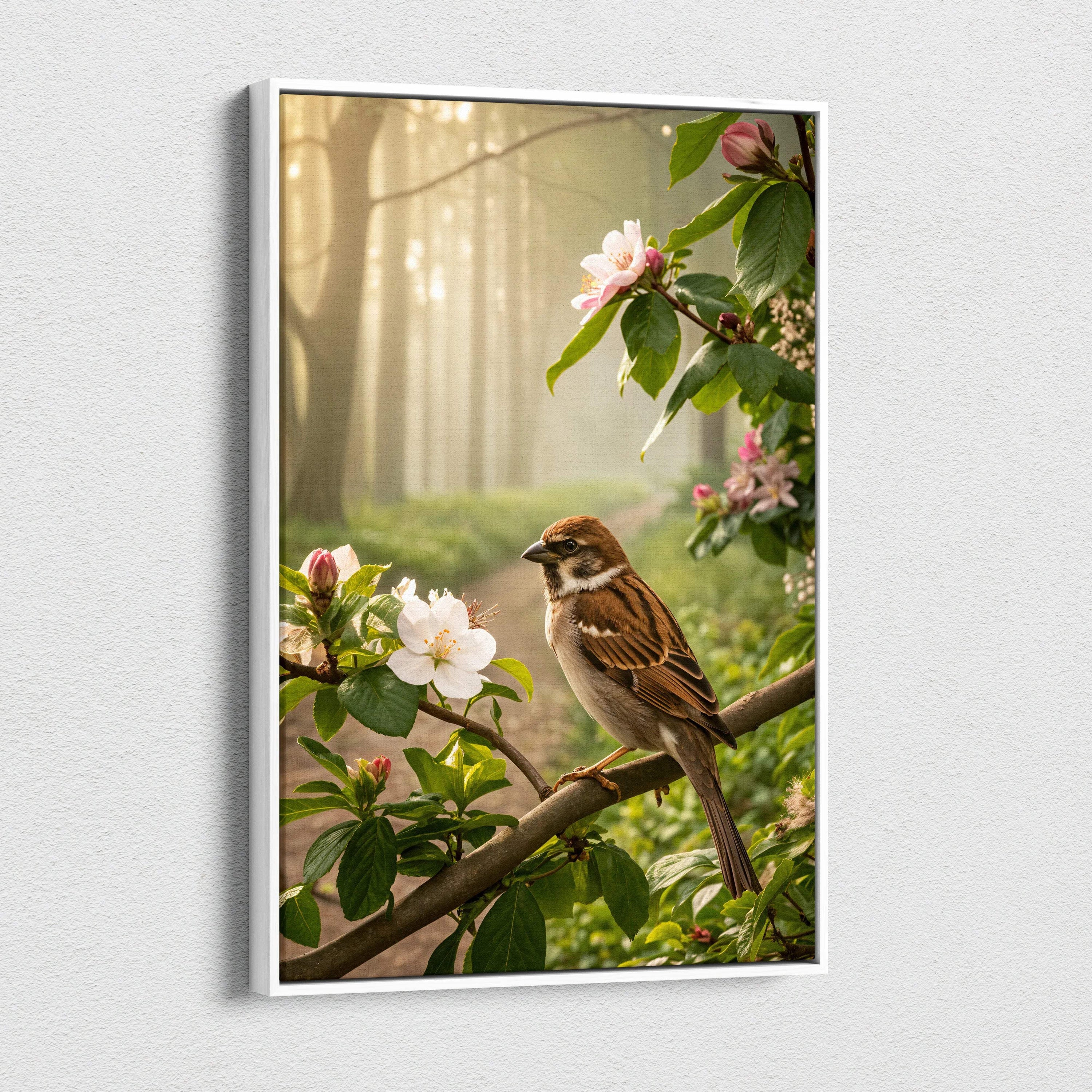 Framed canvas print of brown white sparrow on branch amid pink blossoms golden morning light