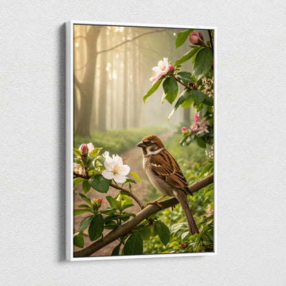 Framed canvas print of brown white sparrow on branch amid pink blossoms golden morning light