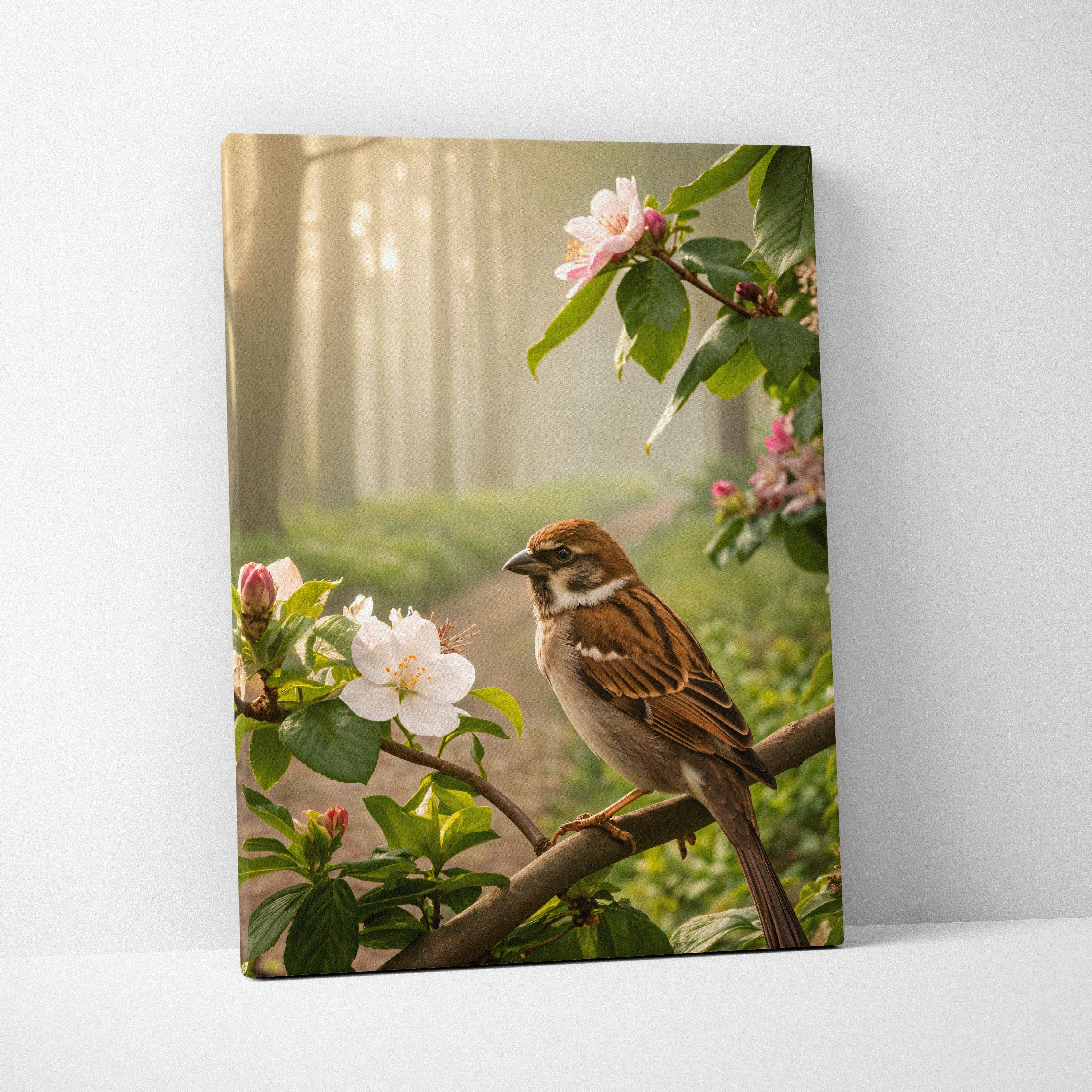 Framed canvas of brown white sparrow on branch amid pink blossoms in sunlit forest