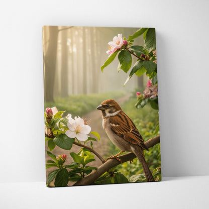 Framed canvas of brown white sparrow on branch amid pink blossoms in sunlit forest
