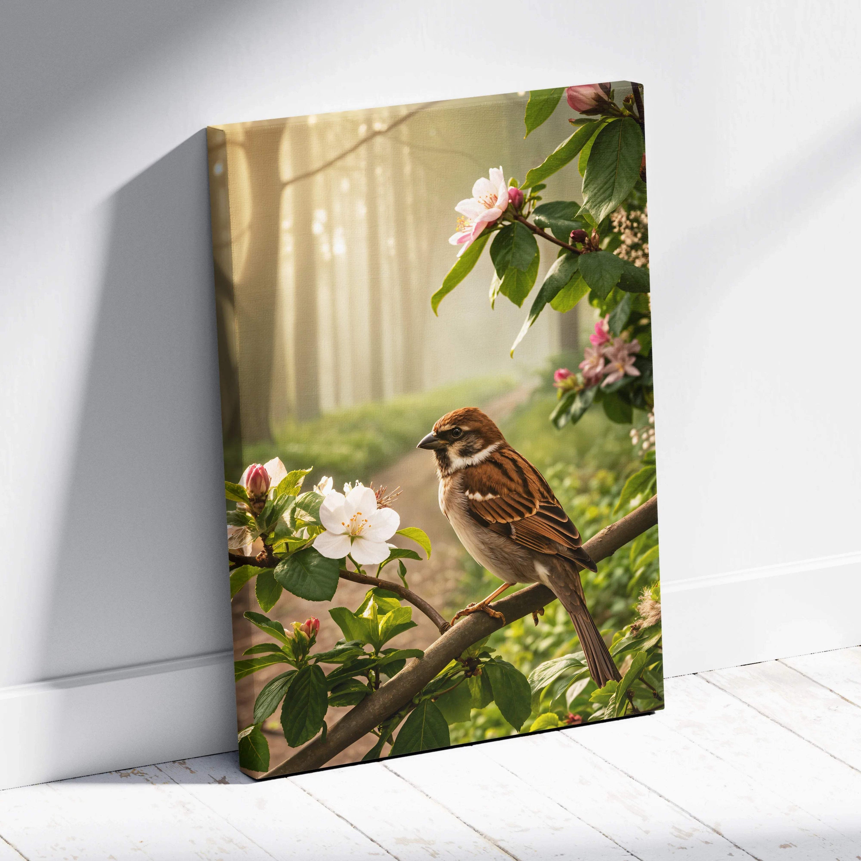 Canvas wall art of brown white sparrow on branch amid pink blossoms in golden morning light