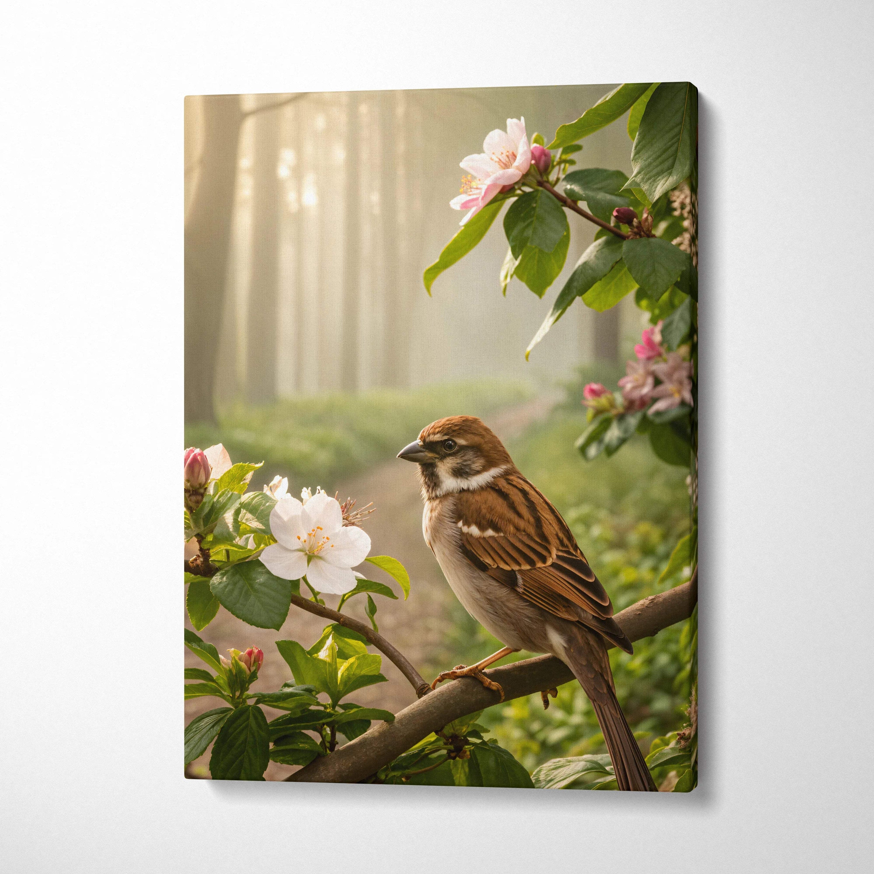Framed canvas of brown white sparrow on branch amid pink blossoms in misty forest