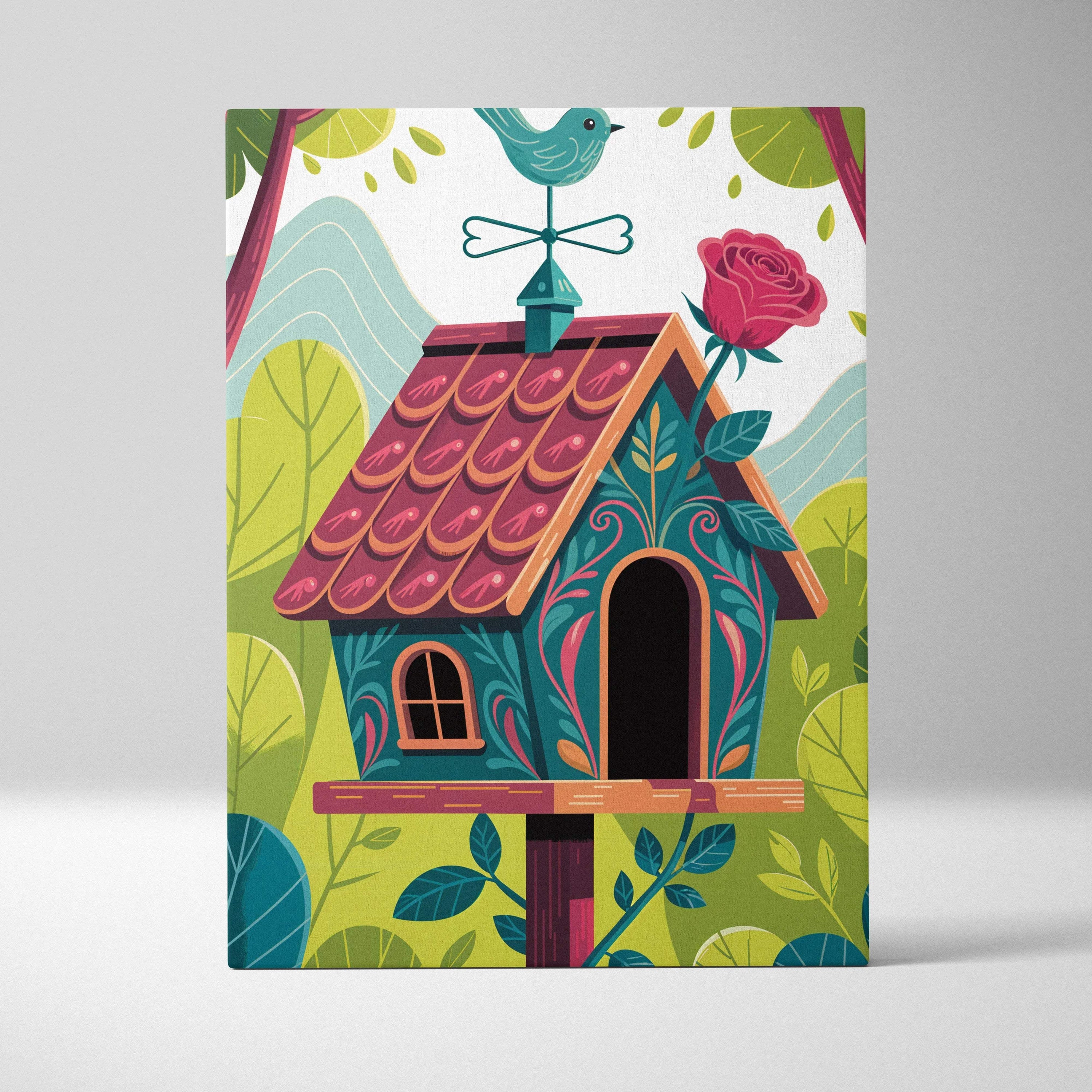 Whimsical teal birdhouse canvas wall art with floral patterns and rose
