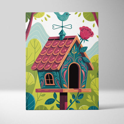 Whimsical teal birdhouse canvas wall art with floral patterns and rose