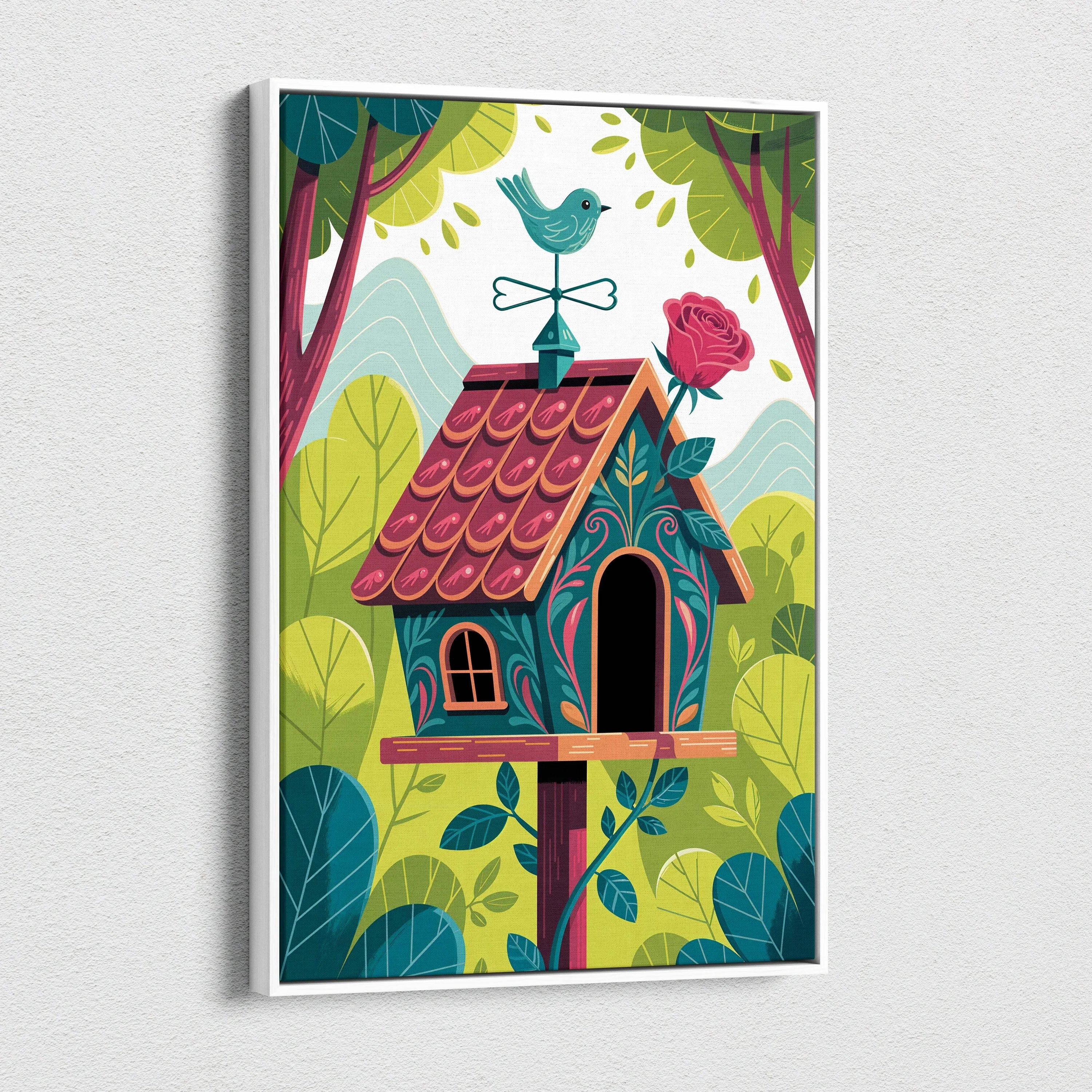 Whimsical teal birdhouse with floral patterns, pink roof, blue weathervane in lush green garden