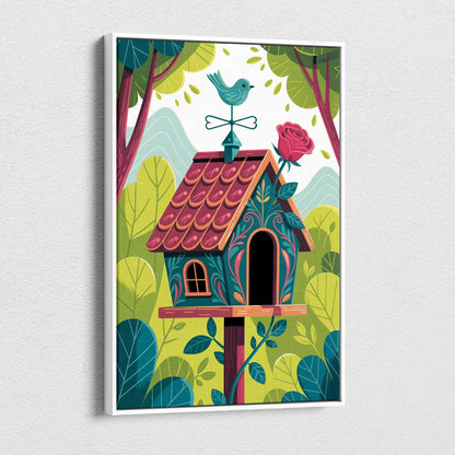 Whimsical teal birdhouse with floral patterns, pink roof, blue weathervane in lush green garden