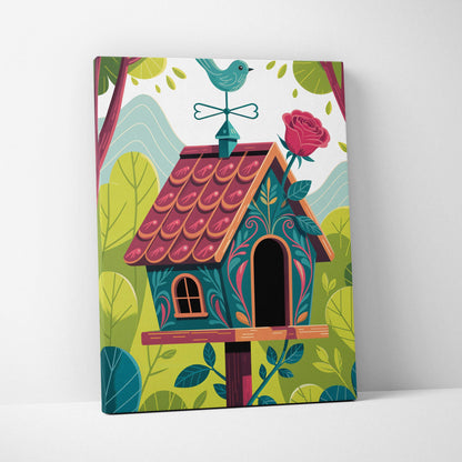 Whimsical teal birdhouse with rose palette in lush green garden canvas art