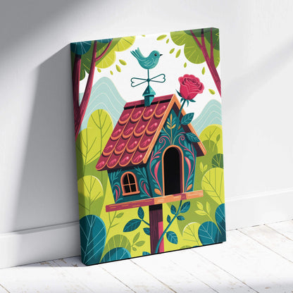 Whimsical birdhouse canvas wall art in lush green garden, teal rose palette