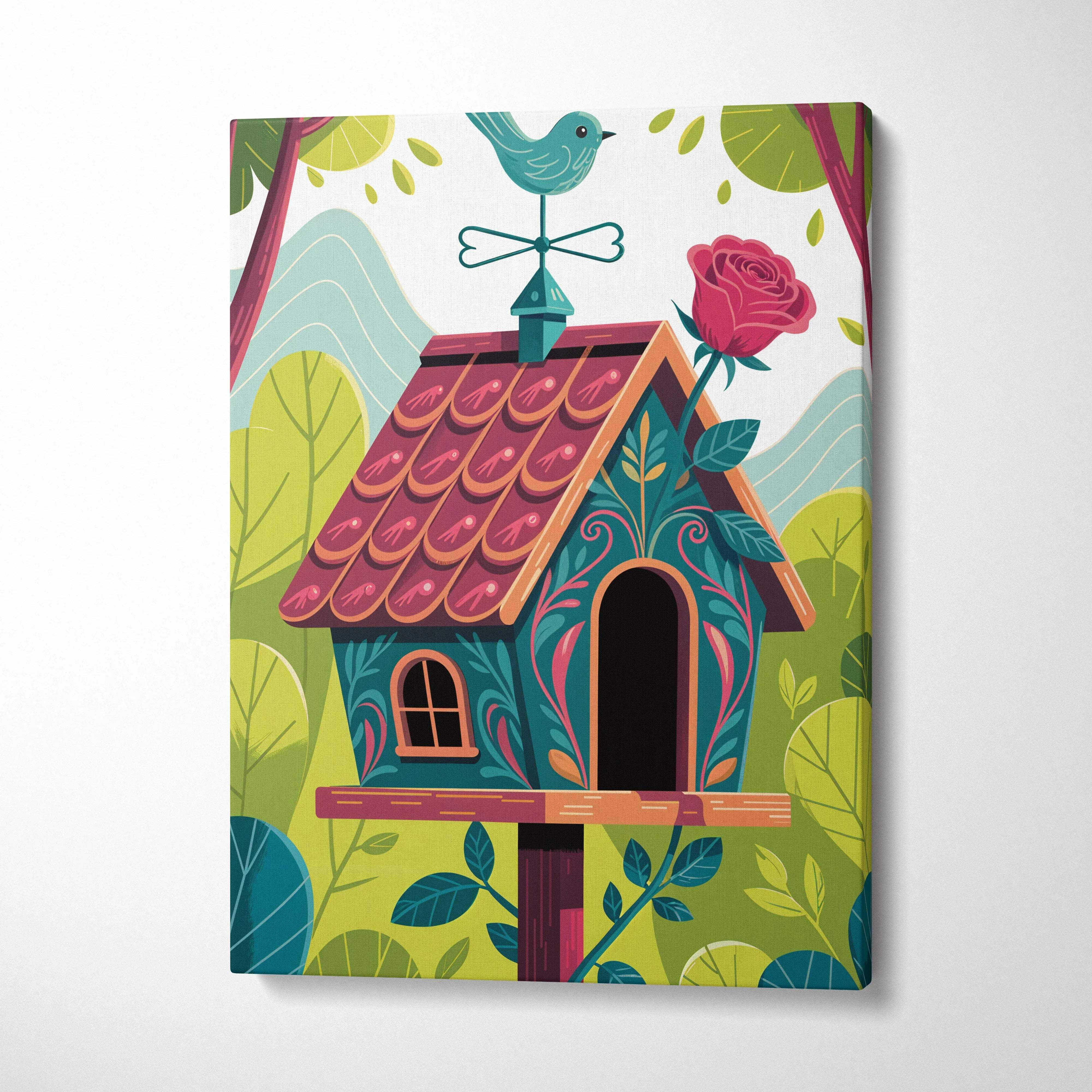 Whimsical teal birdhouse with floral patterns in lush green garden wall art