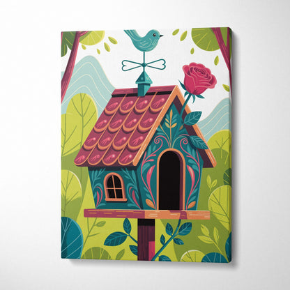 Whimsical teal birdhouse with floral patterns in lush green garden wall art