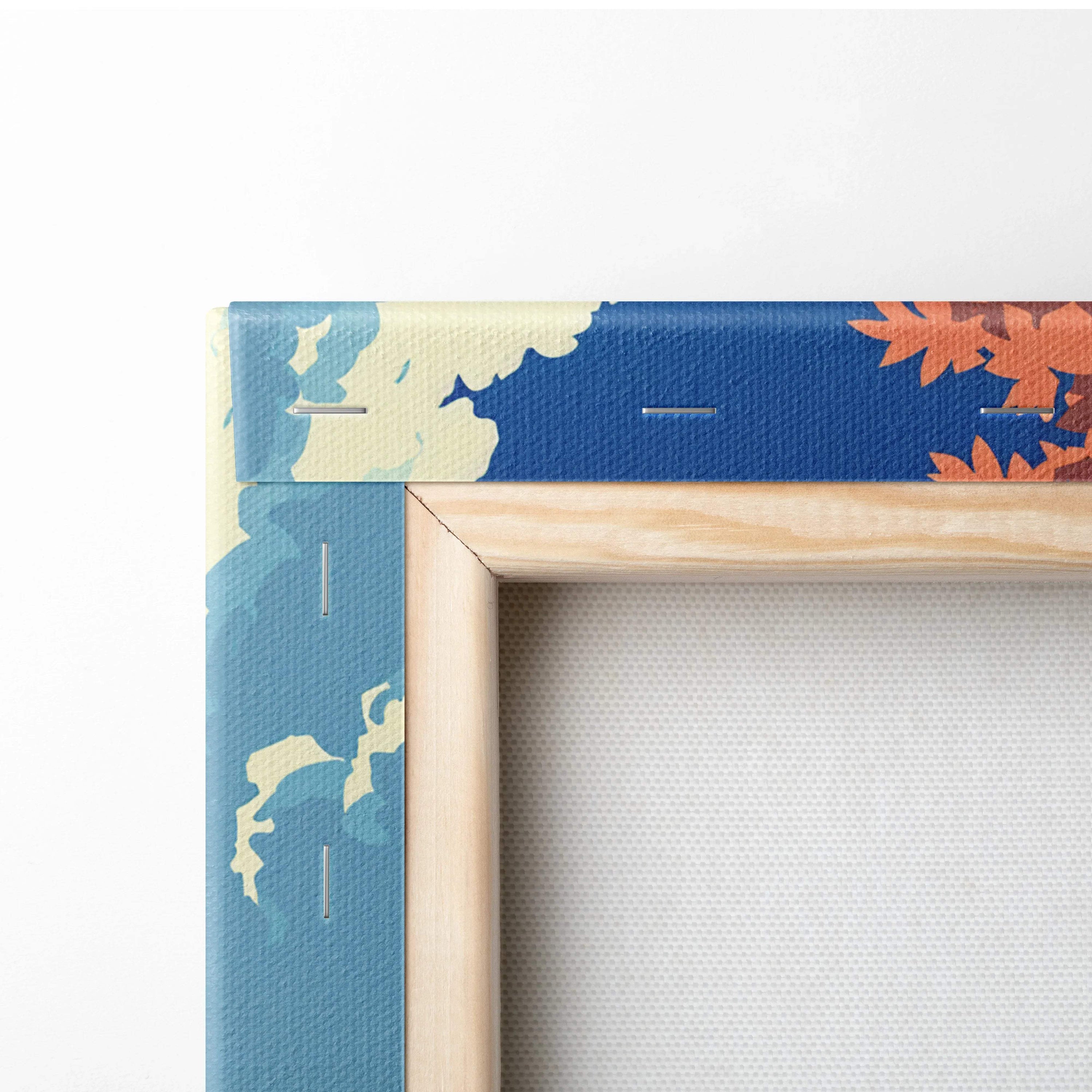 Autumn Forest Path canvas wall art with blue twilight sky, coral leaves, framed in light wood