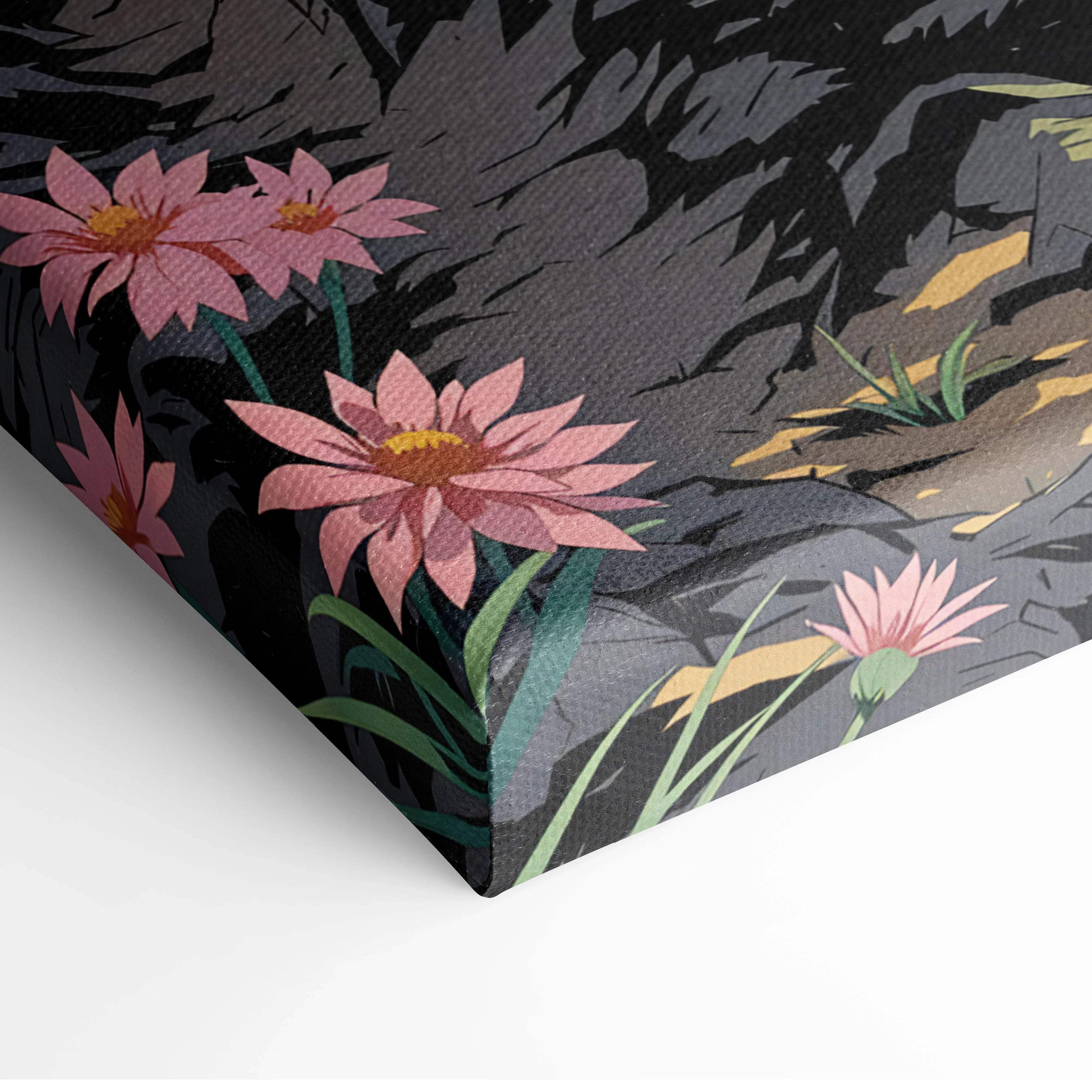 Autumn forest path canvas art with pink flowers, whimsical style