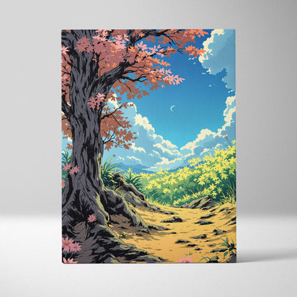 Autumn forest path canvas art with whimsical pink tree, blue twilight sky