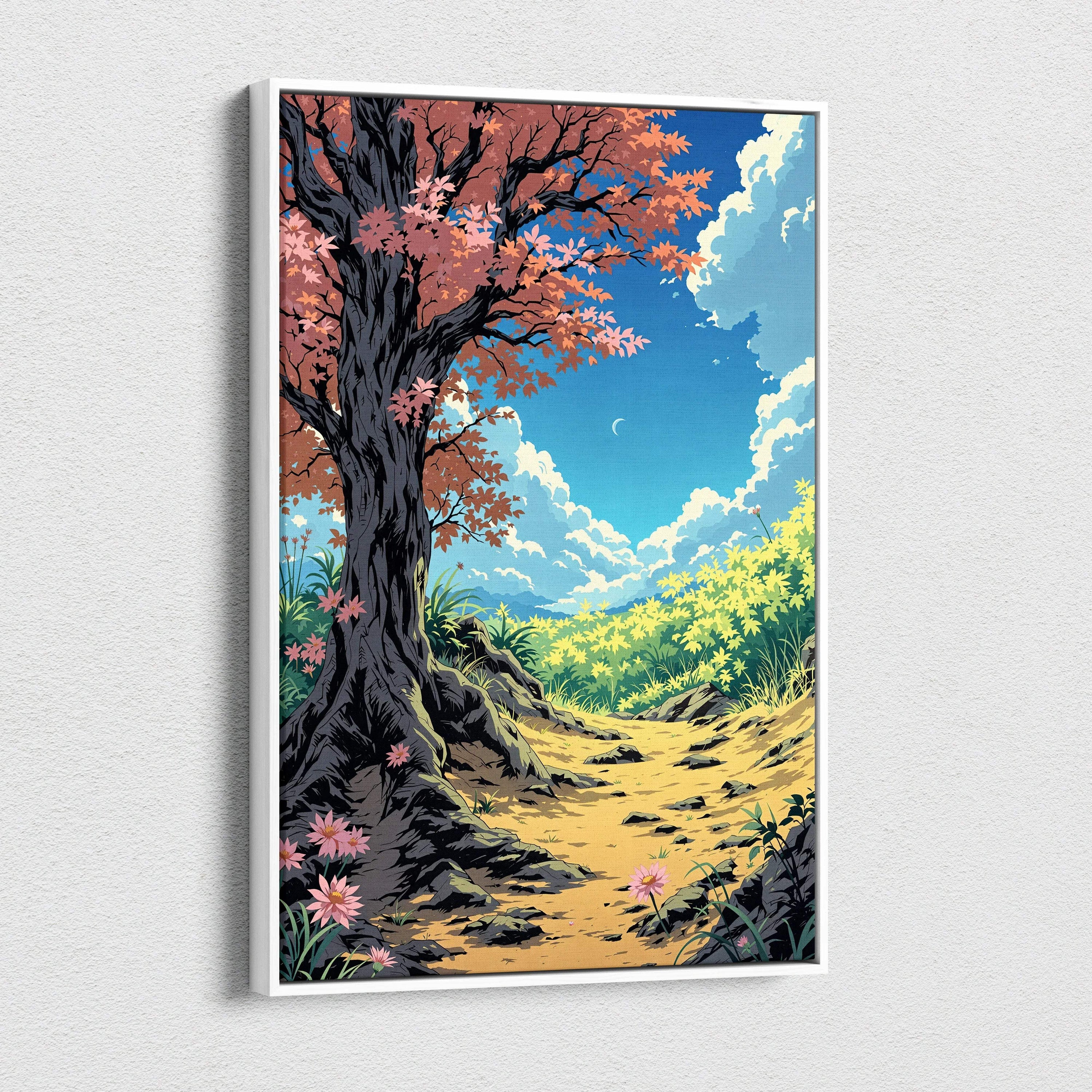 Framed anime landscape print of pink blossom tree in whimsical autumn forest style