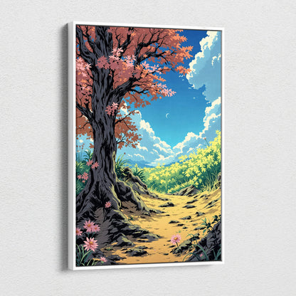 Framed anime landscape print of pink blossom tree in whimsical autumn forest style