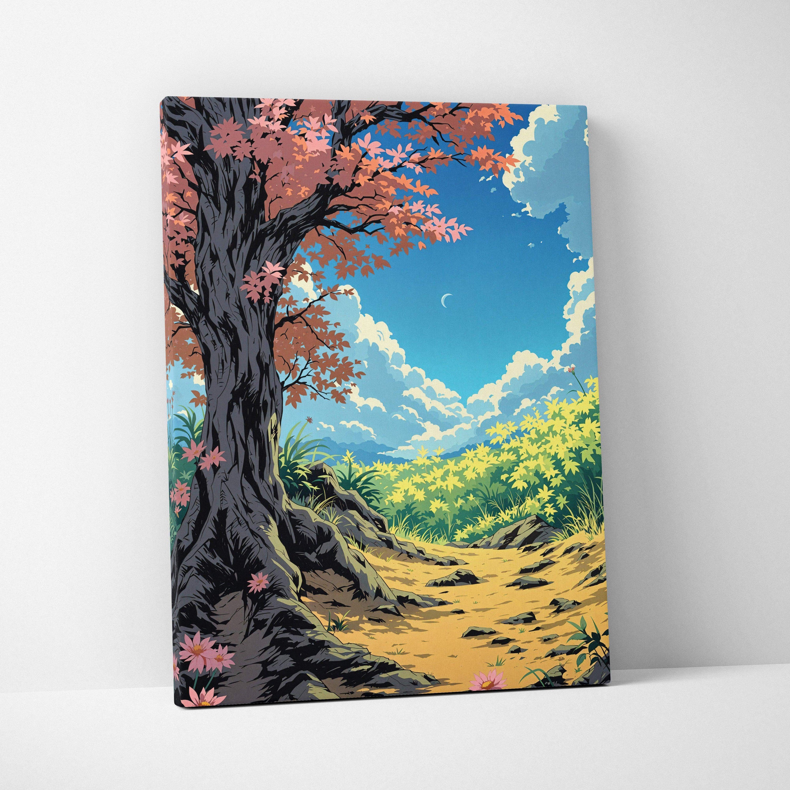 Vibrant anime gnarled tree with pink blossoms, blue sky, whimsical autumn path art
