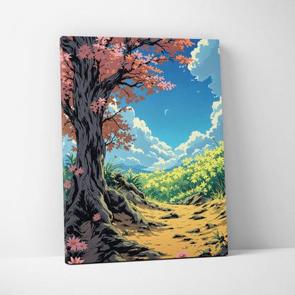 Vibrant anime gnarled tree with pink blossoms, blue sky, whimsical autumn path art