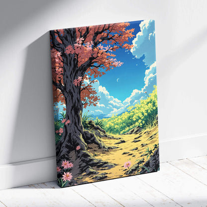 Autumn forest path canvas wall art with whimsical style, coral leaves, blue twilight sky on white wall