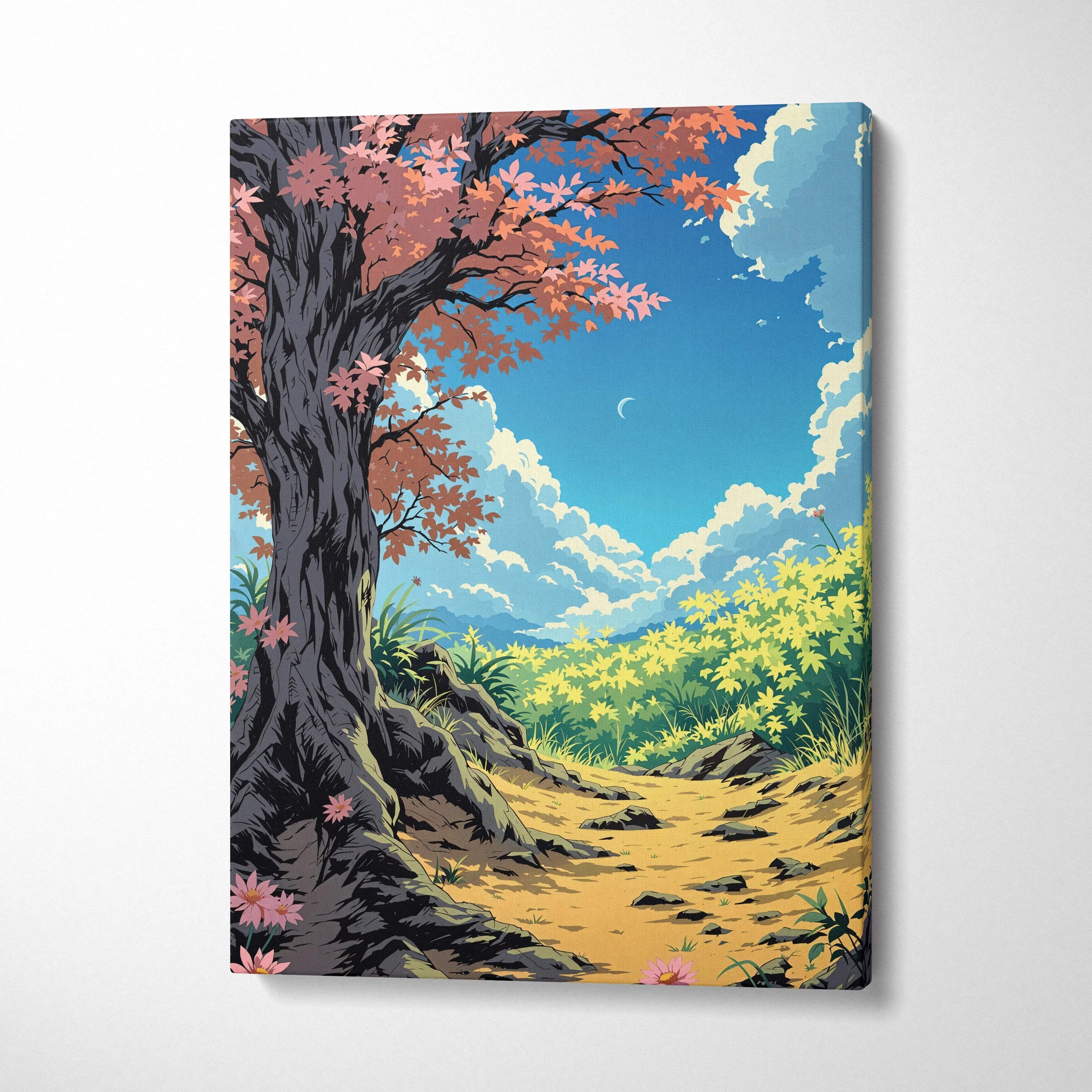 Whimsical anime autumn forest path canvas with coral leaves and blue twilight sky