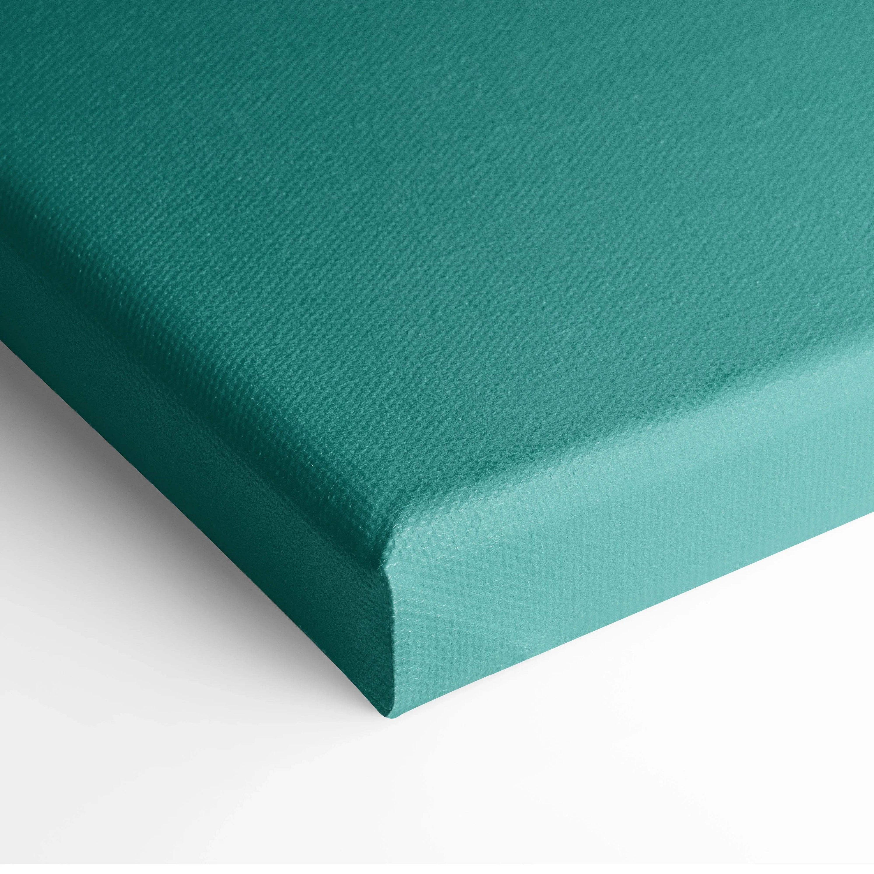 Teal canvas wall art with minimalist white bloom, textured woven surface
