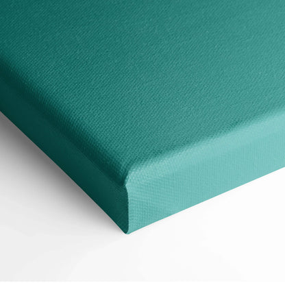Teal canvas wall art with minimalist white bloom, textured woven surface
