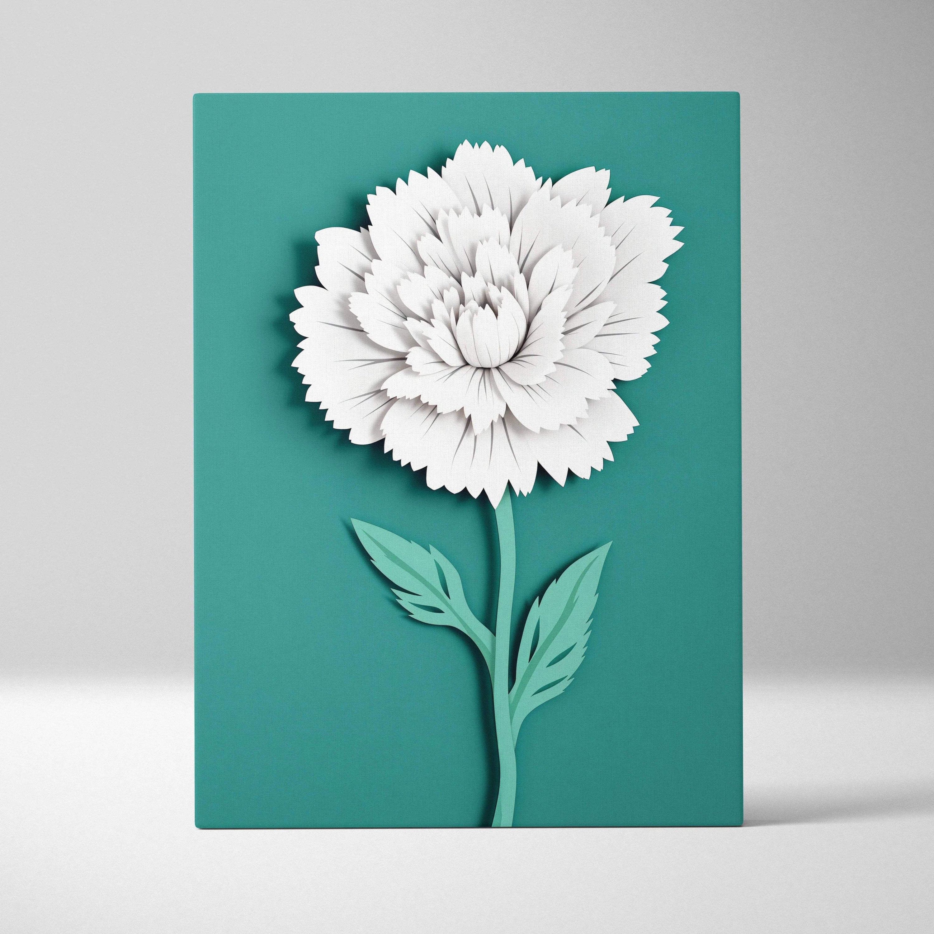 Minimalist paper cut white peony bloom on teal canvas wall art