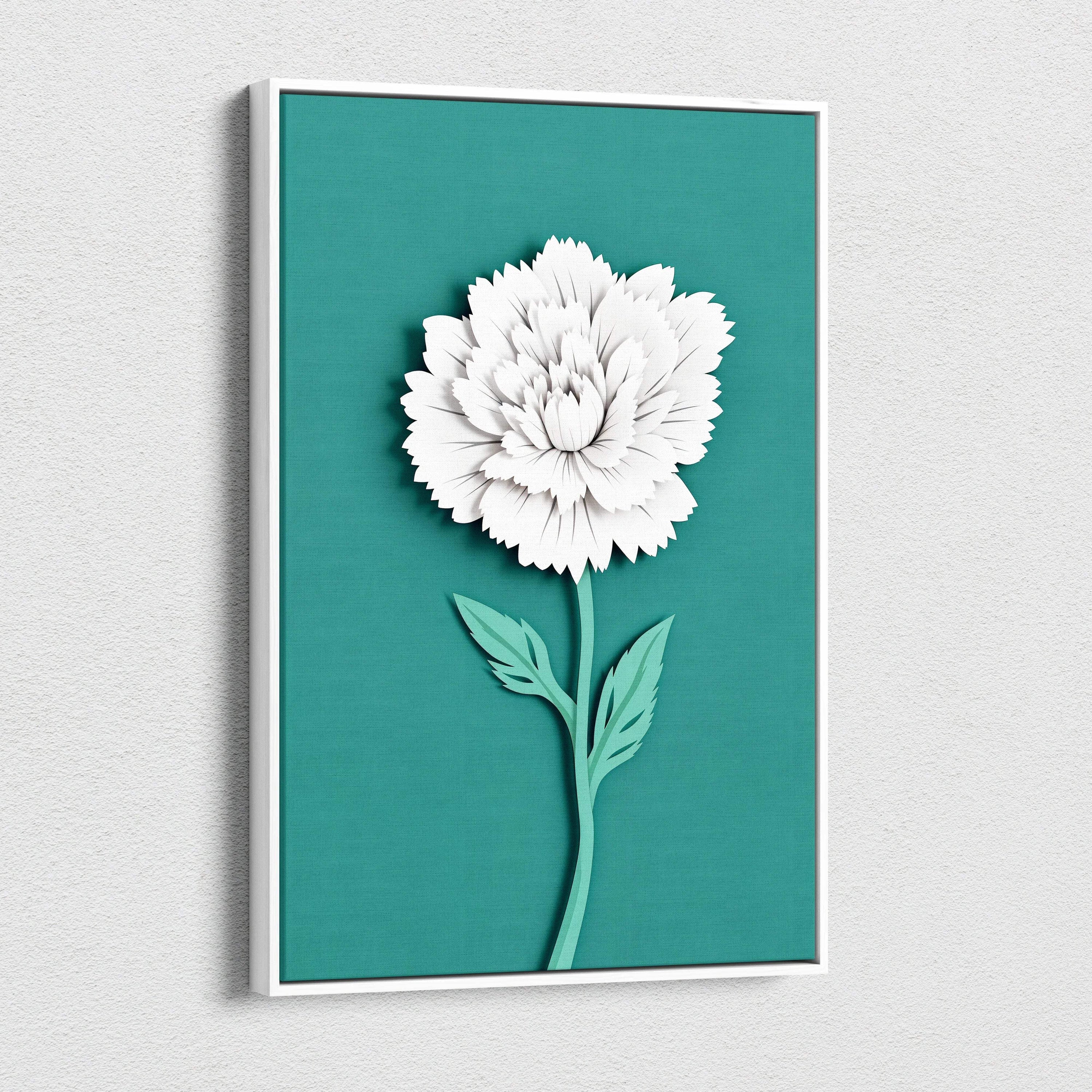 Minimalist paper cut white peony bloom canvas wall art on teal background
