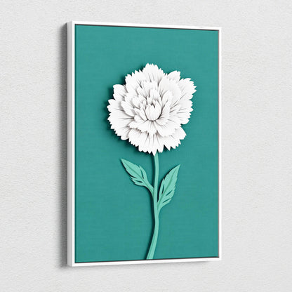 Minimalist paper cut white peony bloom canvas wall art on teal background