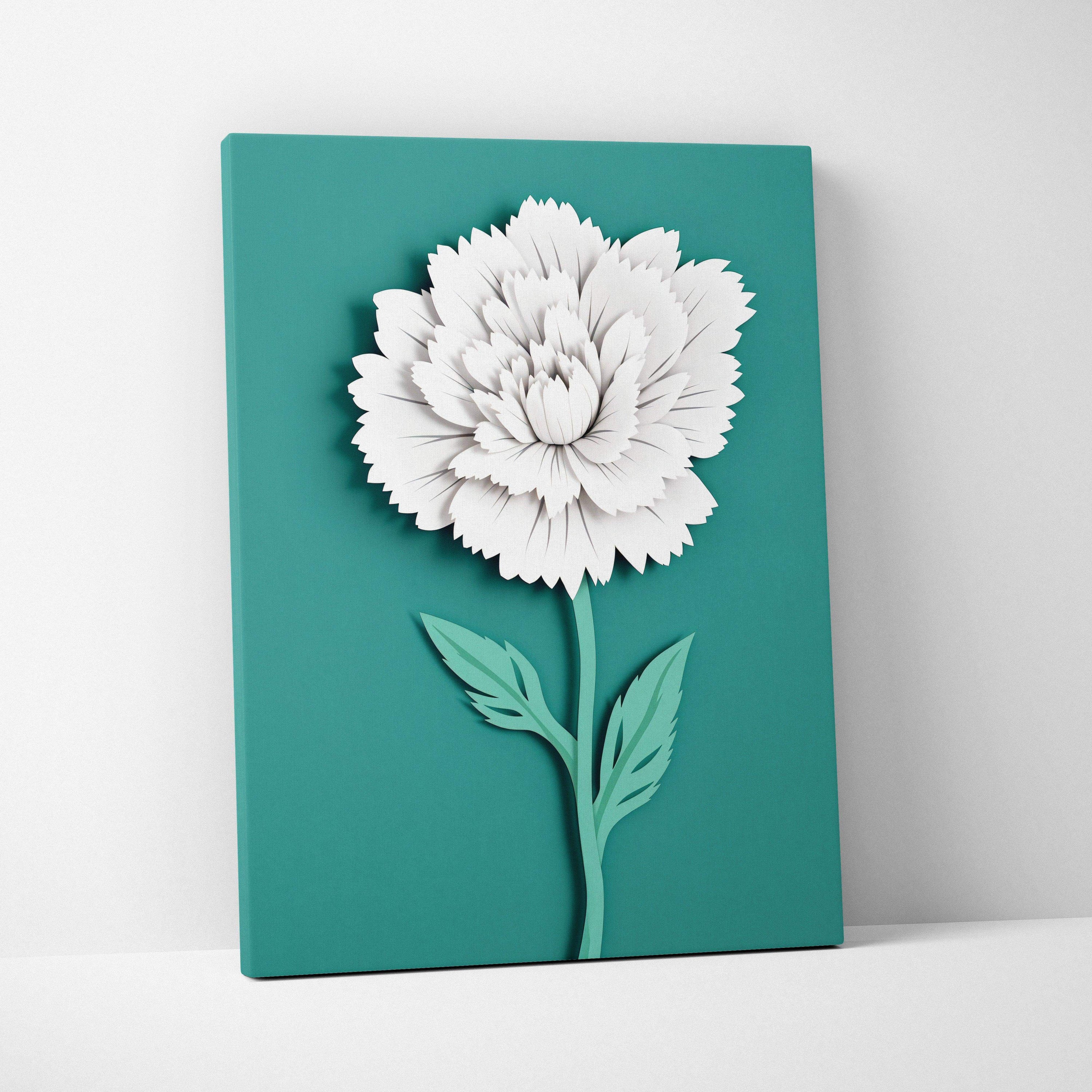Minimalist paper cut white peony bloom on teal canvas wall art