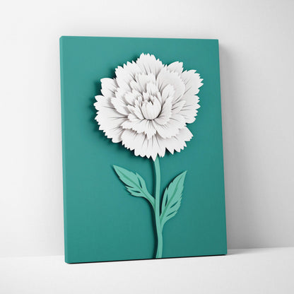 Minimalist paper cut white peony bloom on teal canvas wall art