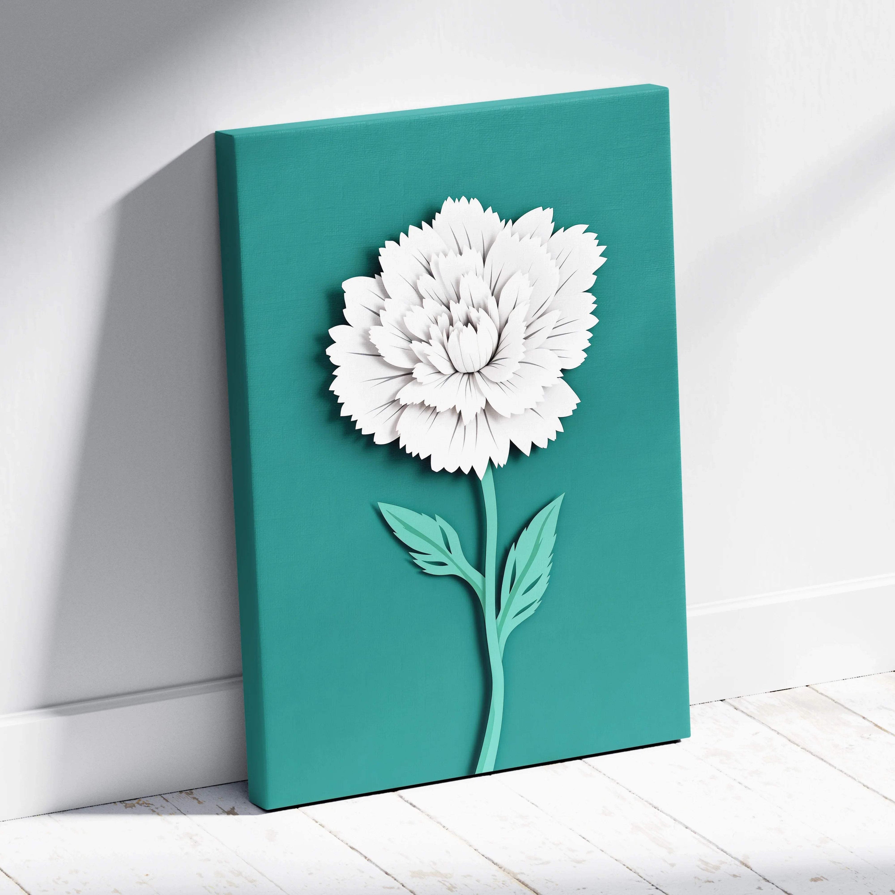 Teal canvas wall art with minimalist white paper cut peony bloom