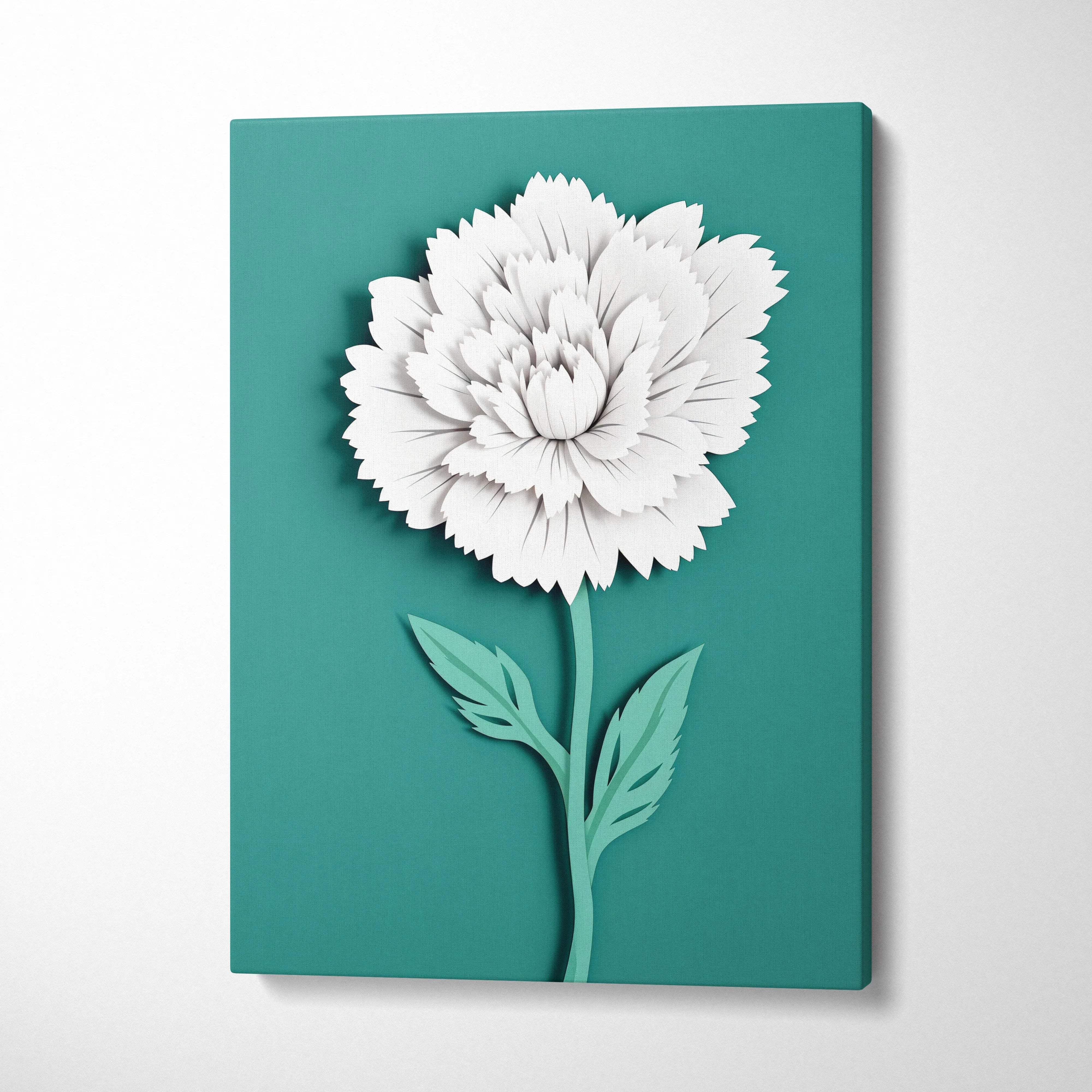 Minimalist paper cut white peony bloom on teal canvas wall art