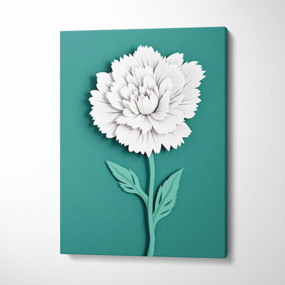 Minimalist paper cut white peony bloom on teal canvas wall art