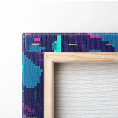 Neon pixel sorceress with horns and staff in teal purple on vibrant 8-bit canvas