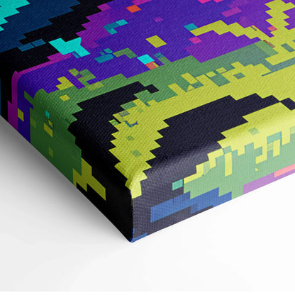 Neon pixel sorceress with horns and staff in teal purple 8-bit art on canvas