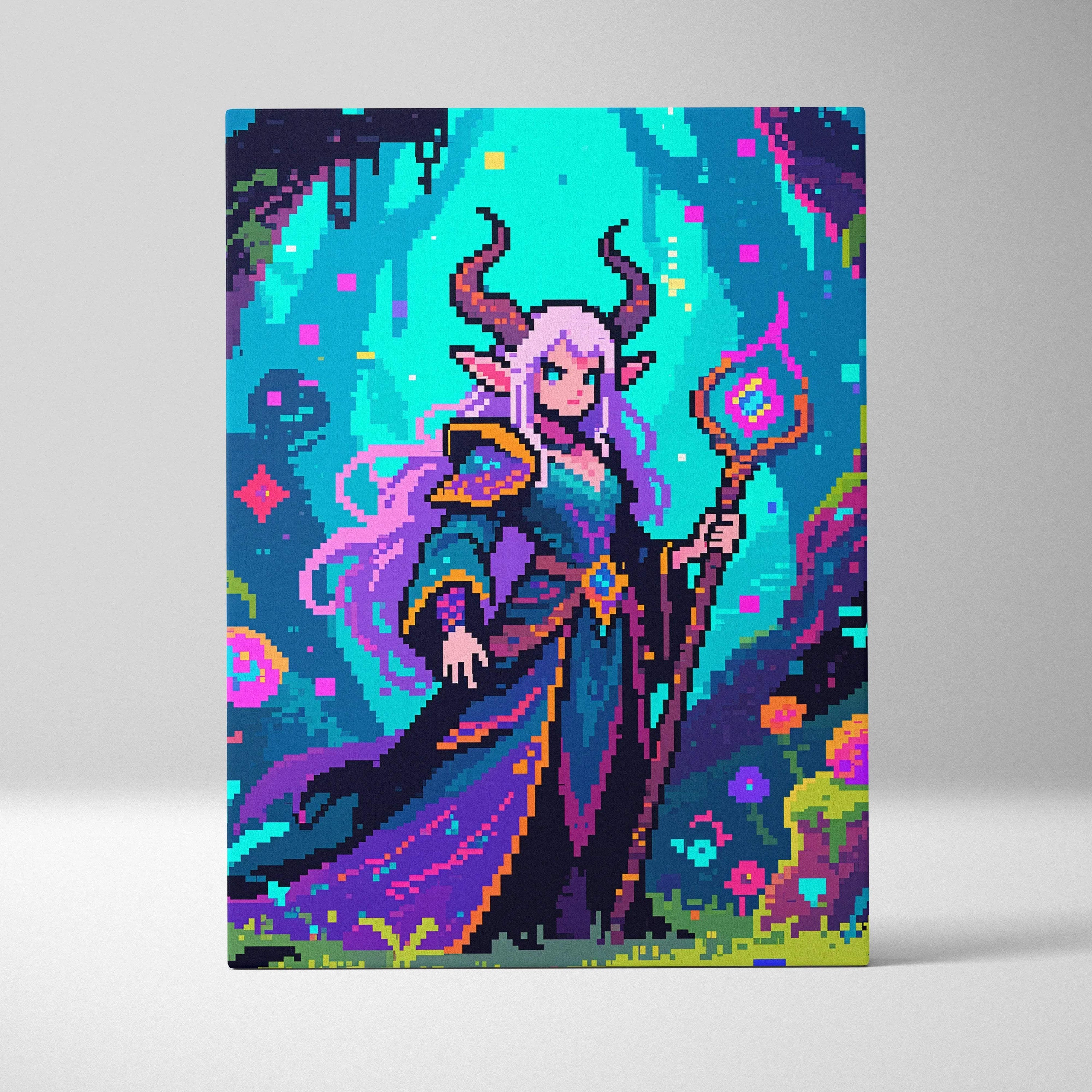 Neon pixel sorceress with purple hair horns teal robe glowing staff art