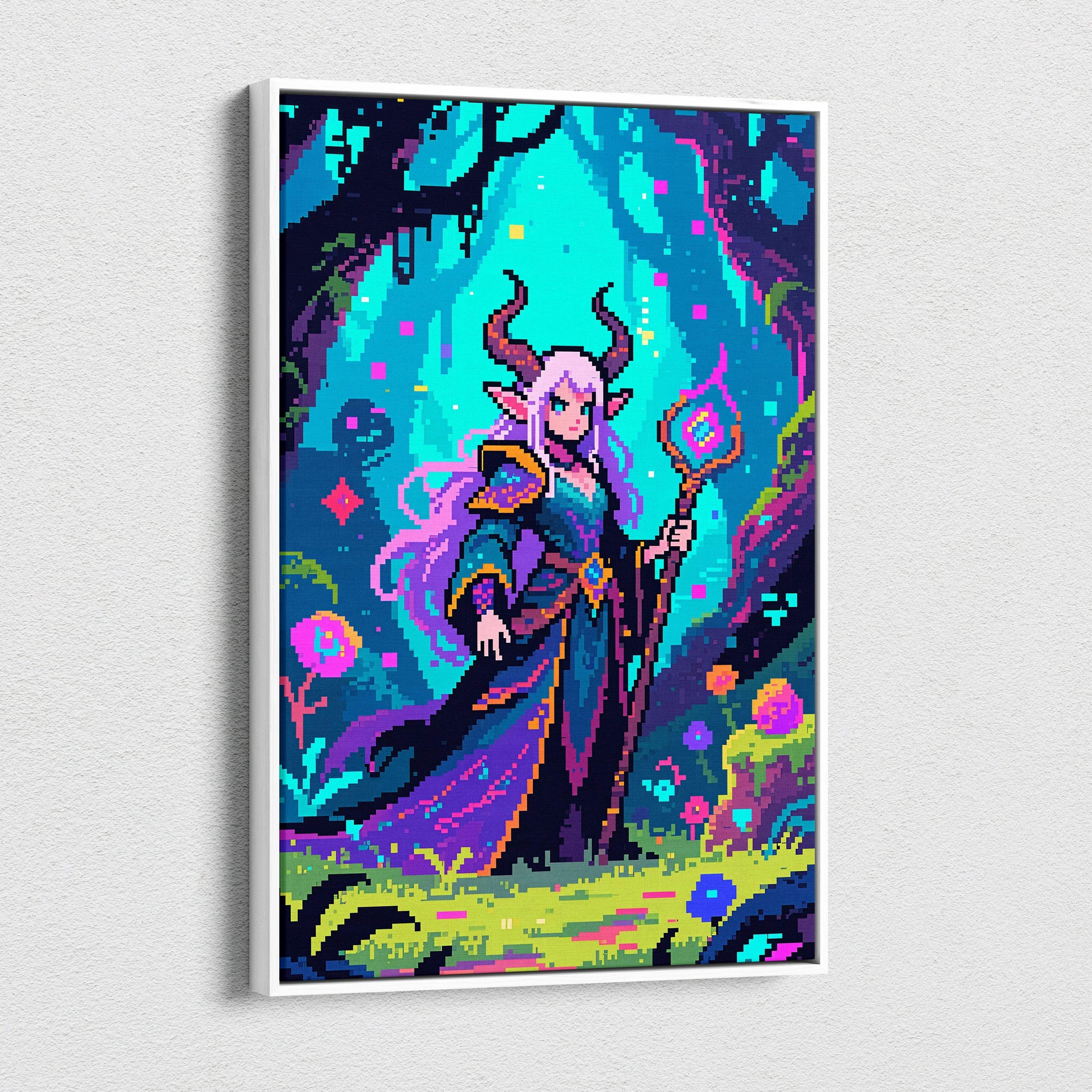 Neon pixel sorceress with purple hair horns staff in teal purple enchanted forest canvas art