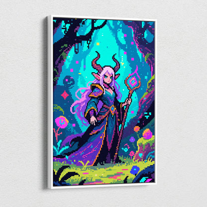 Neon pixel sorceress with purple hair horns staff in teal purple enchanted forest canvas art