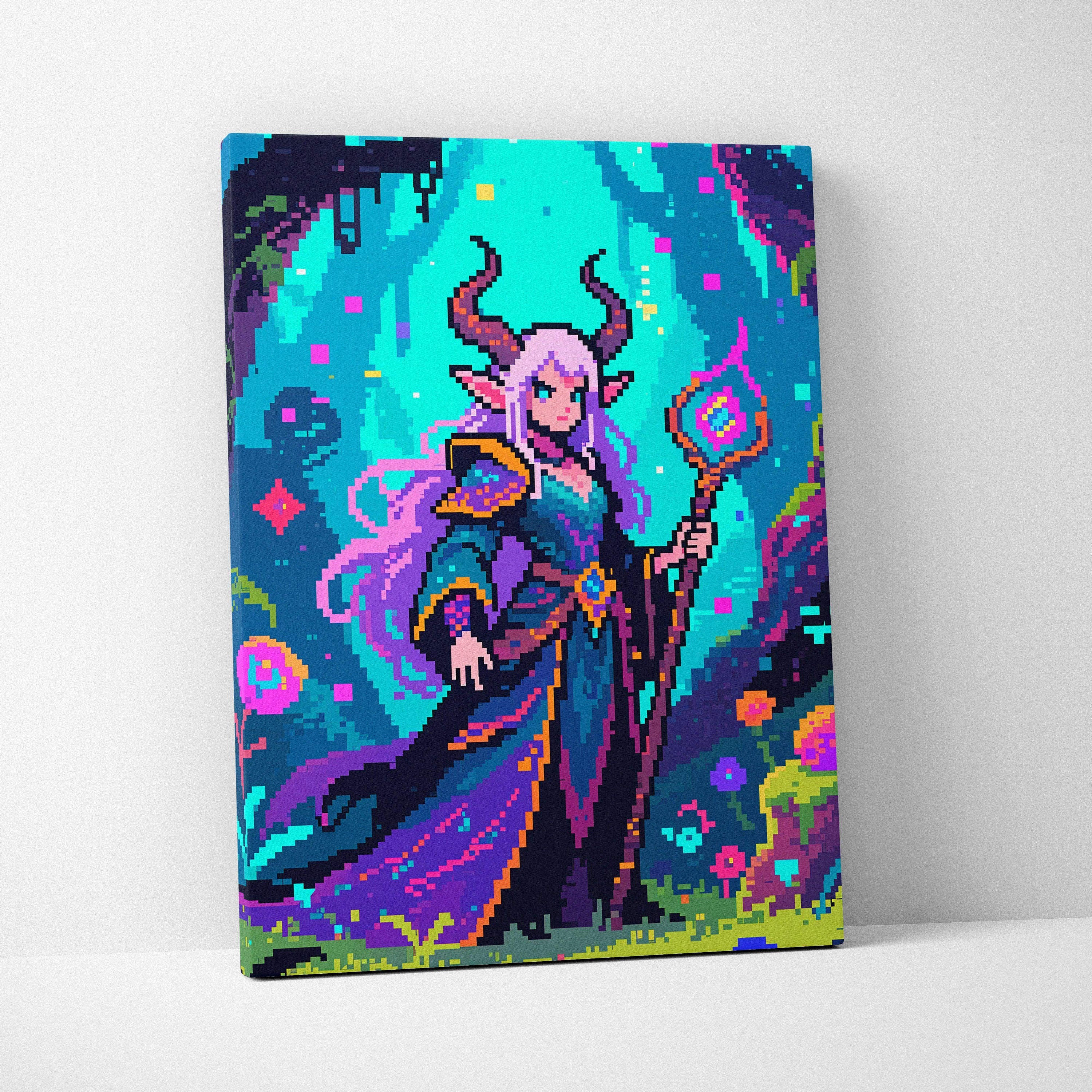 Vibrant neon pixel art canvas of retro 8-bit sorceress with purple hair horns teal robe glowing staff