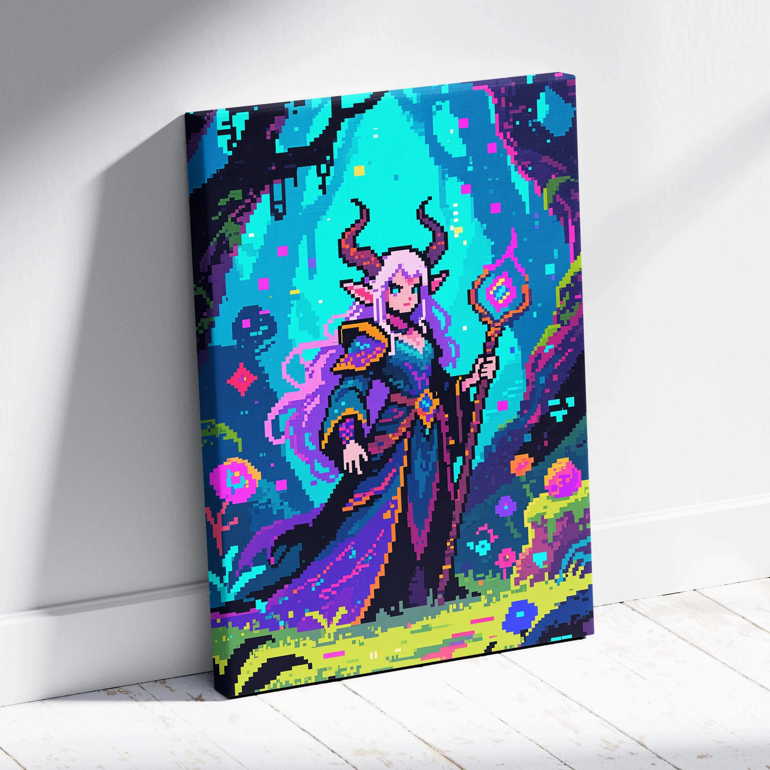 Neon pixel sorceress with purple hair horns glowing staff teal robe canvas art