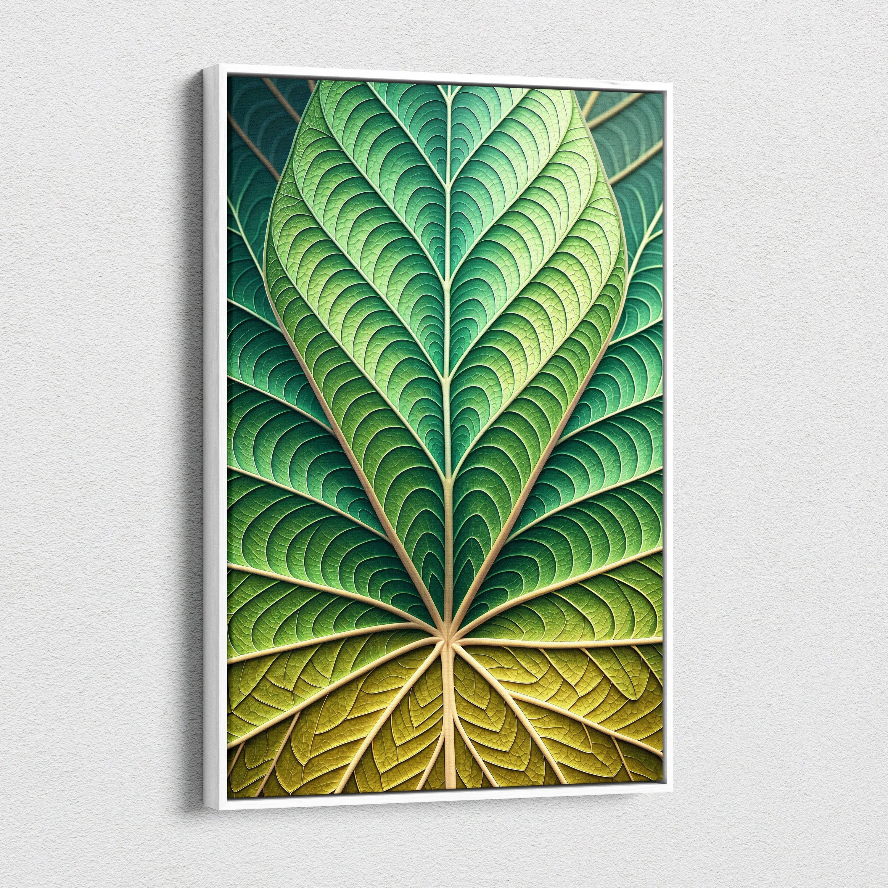 Framed canvas wall art of emerald leaf veins in green golden gradients